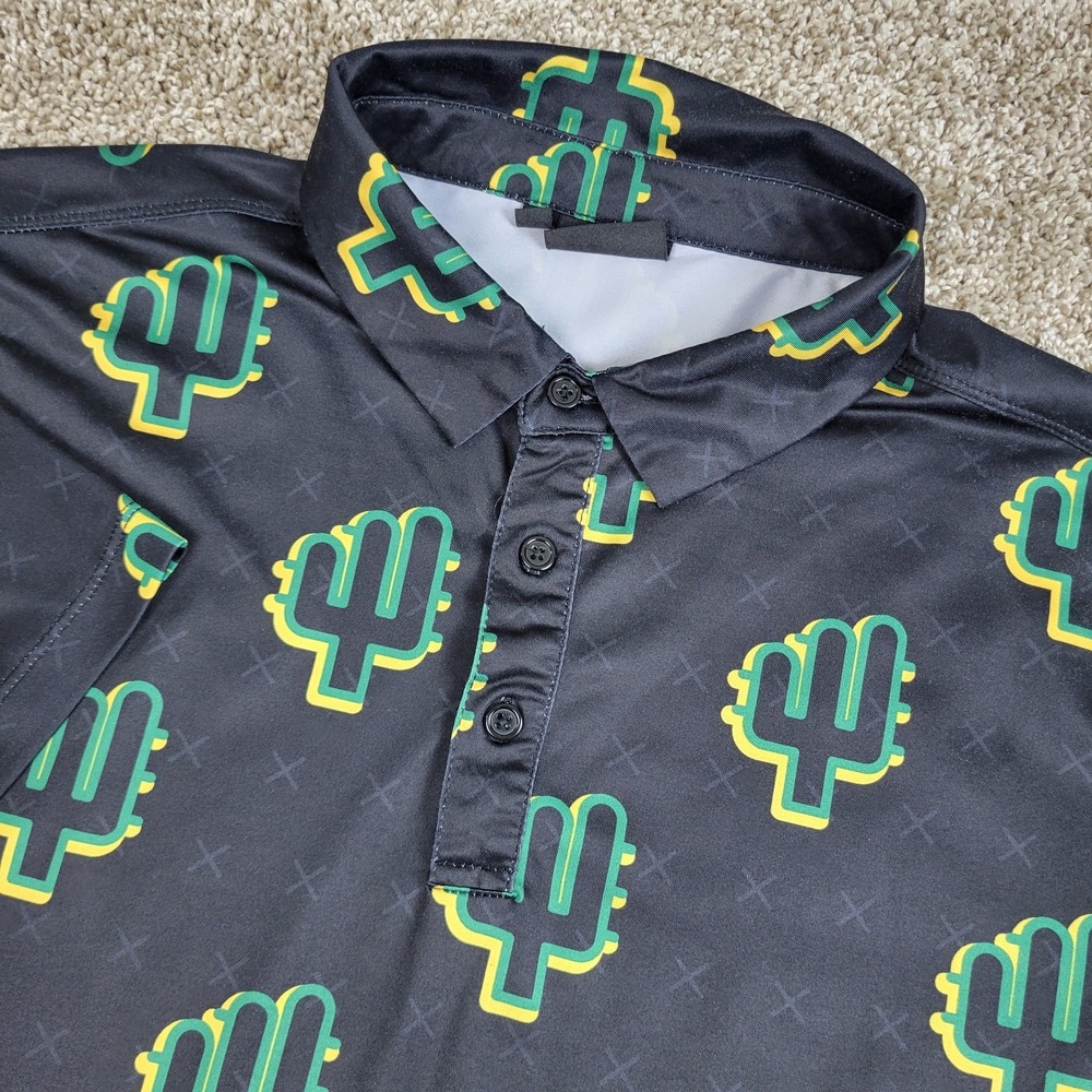 Yatta Golf Mens Medium Black AOP Cactus Performance Stretch Polo Short Sleeve‎